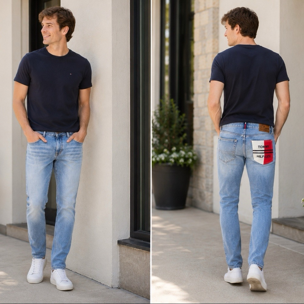 Tommy Hilfiger Mens Size 31 Denim Slim Tapered‎ Jeans Light Wash Stretch